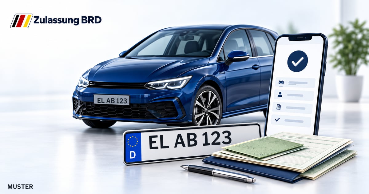 Online Fahrzeugzulassung in Meppen: Musterkennzeichen EL AB 123, Auto und Fahrzeugpapiere und Smartphone. Illustration mit Logo von Zulassung BRD.